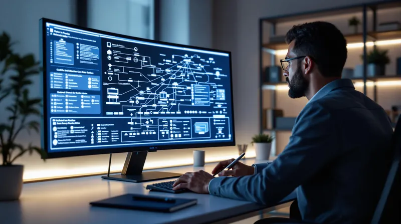 Ingeniero diseñando una red empresarial en una computadora con diagramas de red